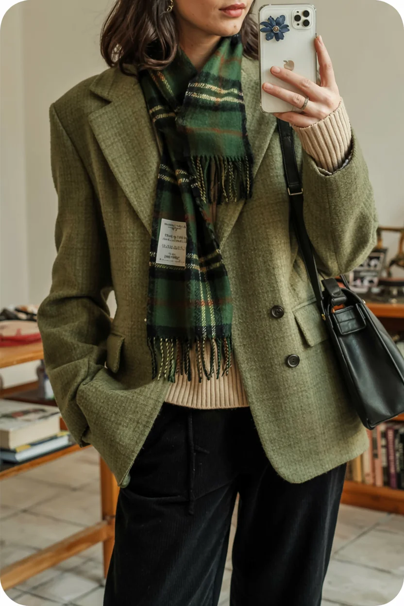 cute fall blazer outfits 2026 Green Blazer and Plaid Scarf for Cozy Autumn Layers