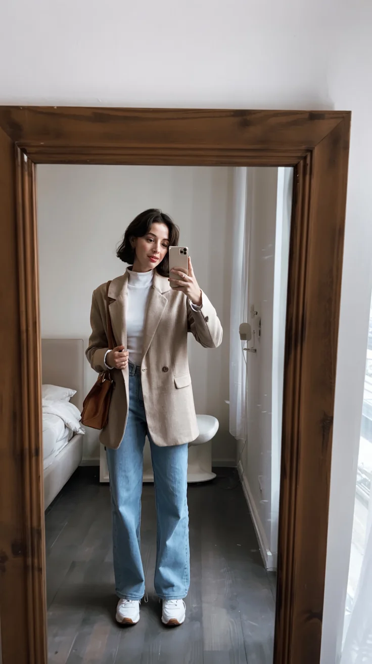 cute fall blazer outfits 2026 Beige Blazer and Light Denim for Easy Fall Days