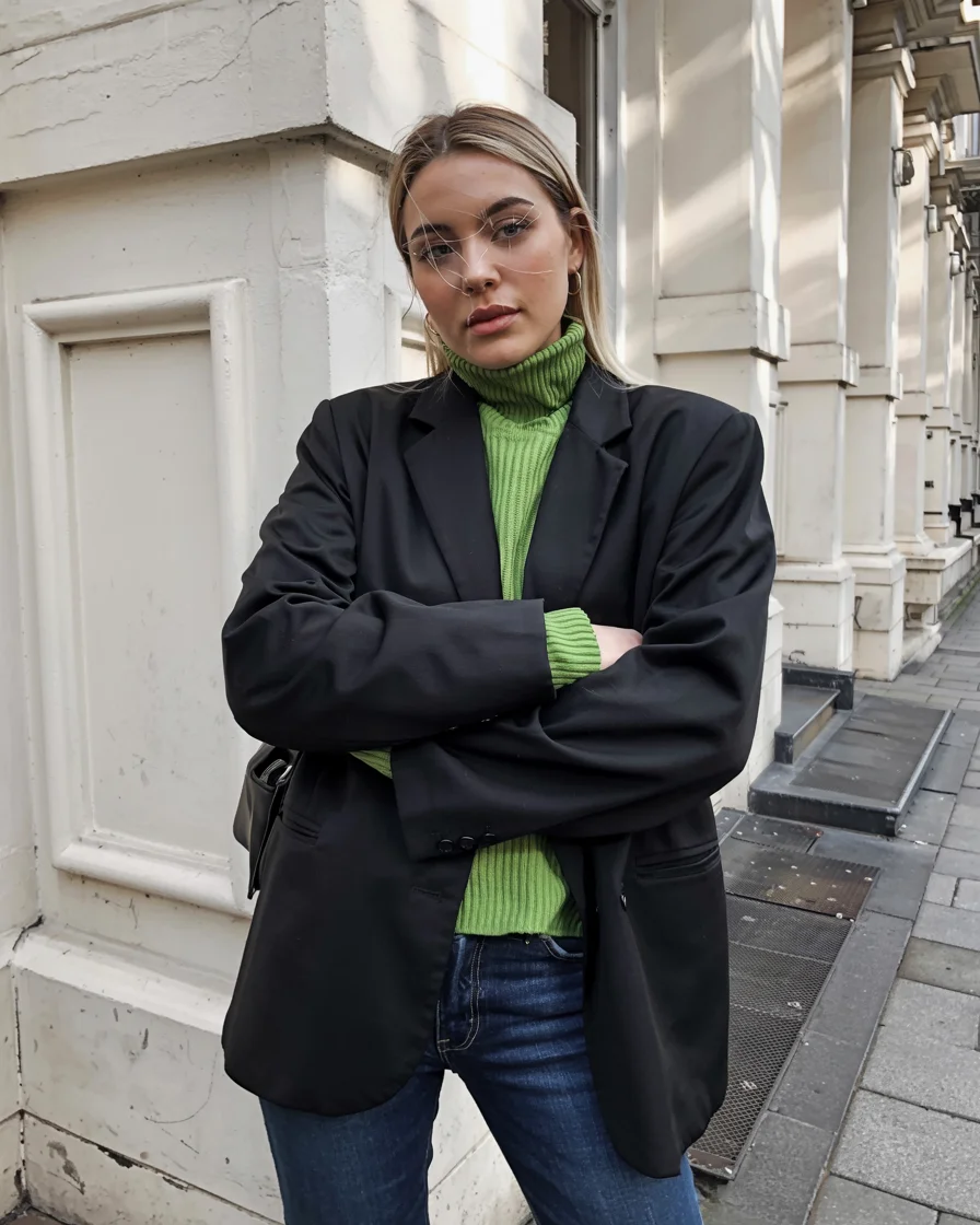 cute fall blazer outfits 2026 Black Blazer and Bright Green Knit for Unexpected Contrast