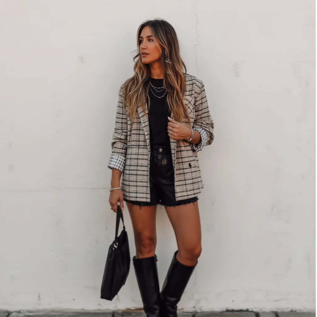 cute fall blazer outfits 2026 Plaid Blazer and Shorts With Modern Western Influence