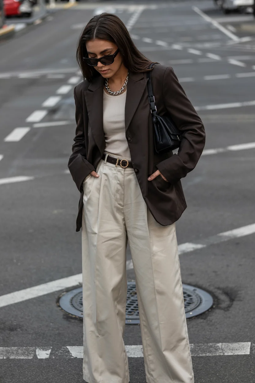 cute fall blazer outfits 2026 Dark Brown Blazer and Cream Trousers for Quiet Luxury Style