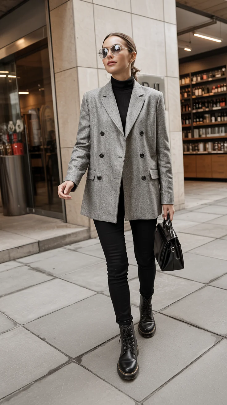 cute fall blazer outfits 2026 Grey Blazer and Black Skinny Layers for Clean Office Energy