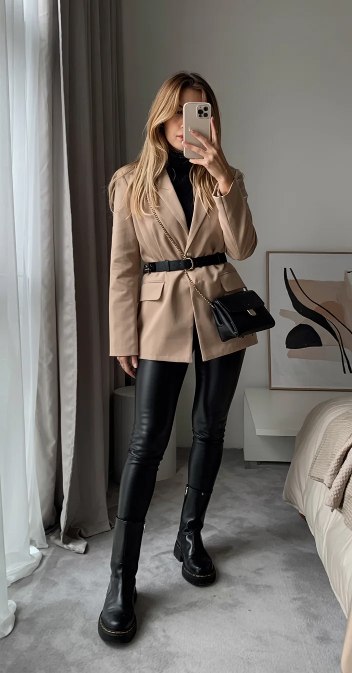 cute fall blazer outfits 2026 Tailored Beige Blazer With Belted Leather Finish