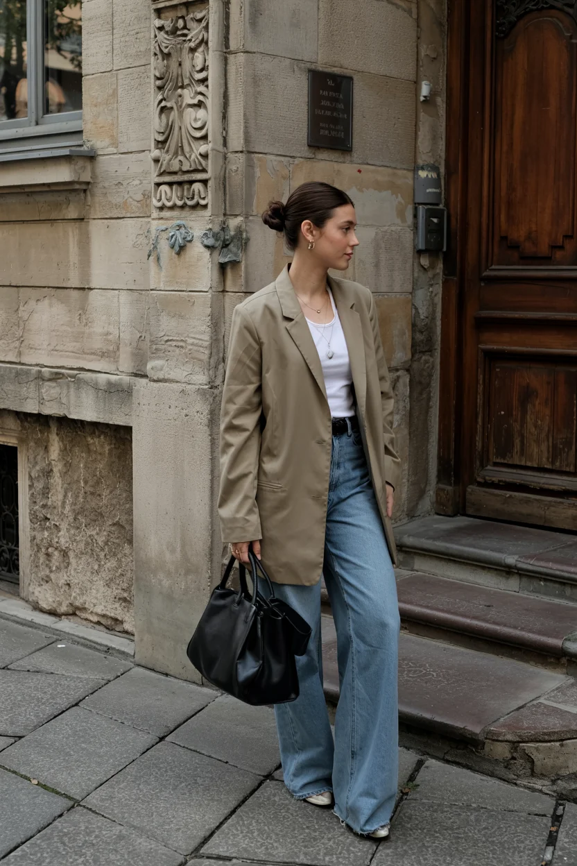 cute fall blazer outfits 2026 Beige Blazer and Wide Leg Denim for Everyday Chic