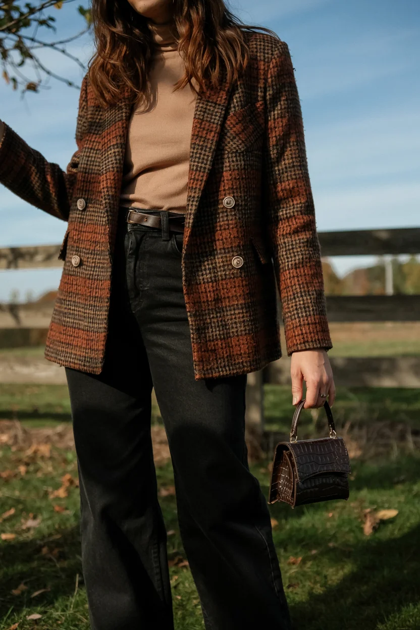 cute fall blazer outfits 2026 Plaid Blazer in Rich Autumn Tones
