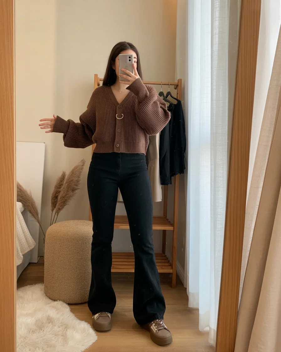 cute fall mom outfits 2026 Cozy Cardigans with Flared Black Denim