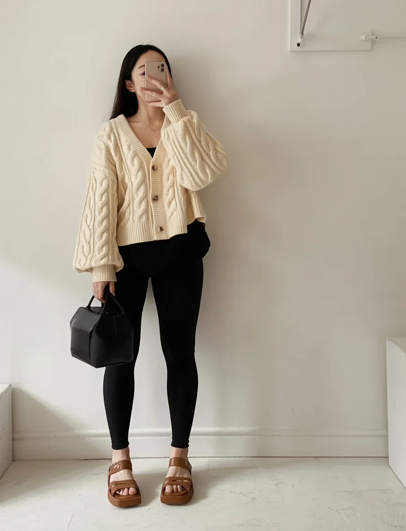 cute fall mom outfits 2026 Cable Knit Cardigans with Comfortable Leggings