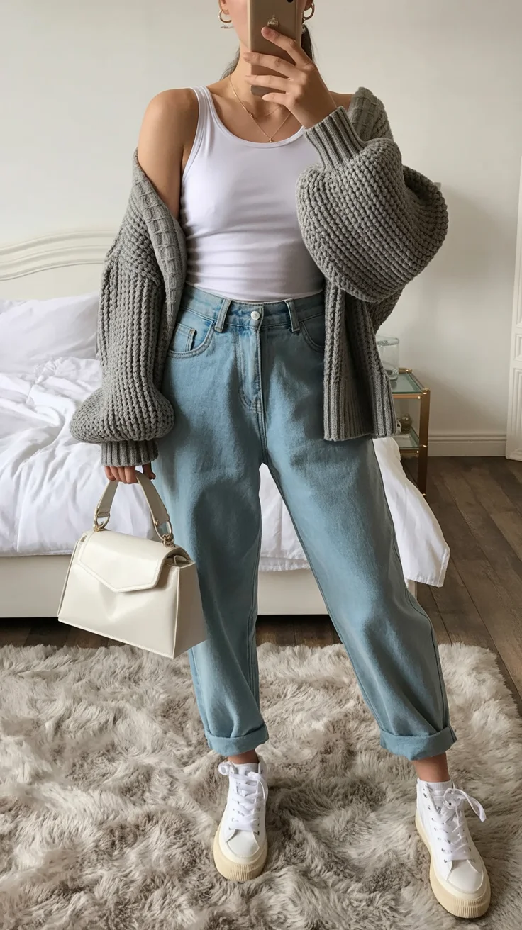 cute fall mom outfits 2026 Chunky Cardigans with Relaxed Mom Jeans