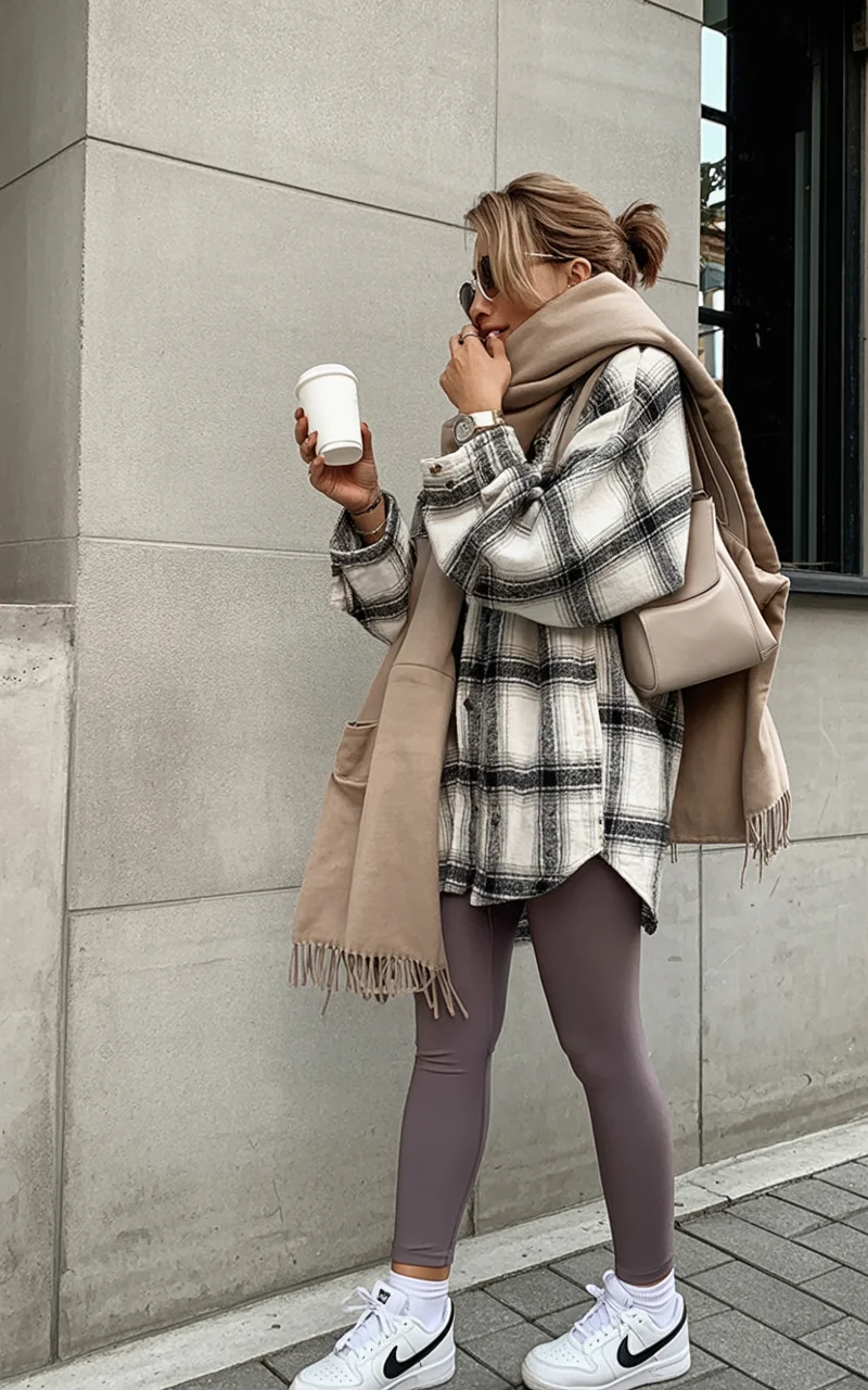 cute fall mom outfits 2026 Oversized Plaid Layers with Sporty Leggings