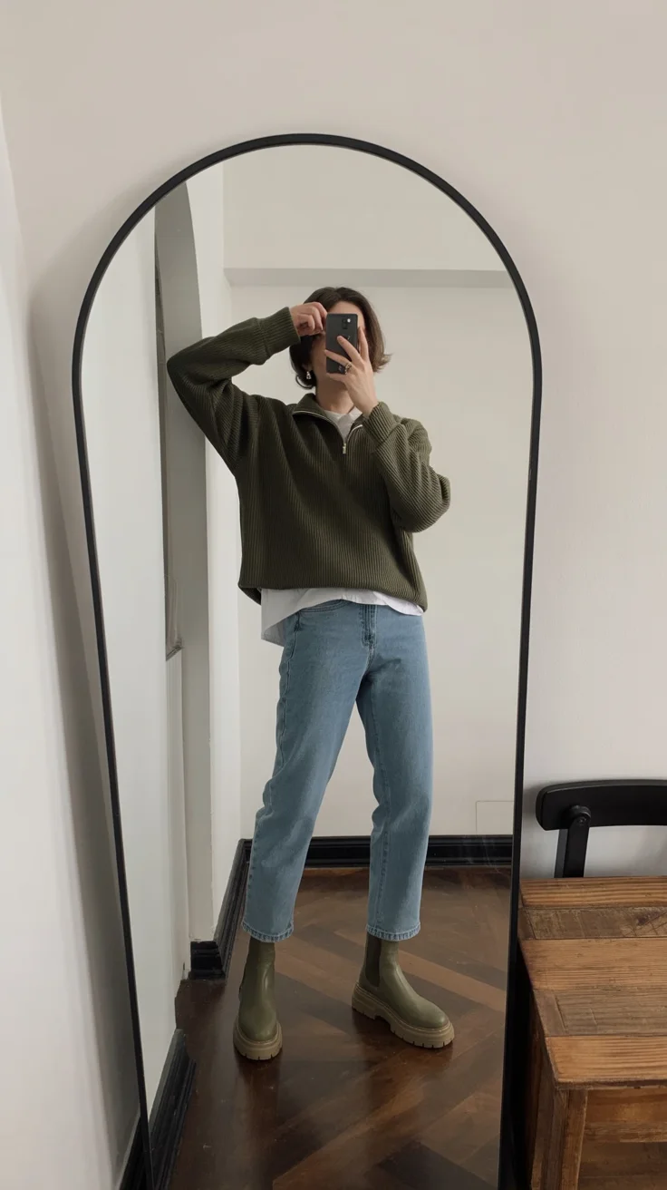 cute fall mom outfits 2026 Relaxed Olive Layers with Classic Mom Jeans