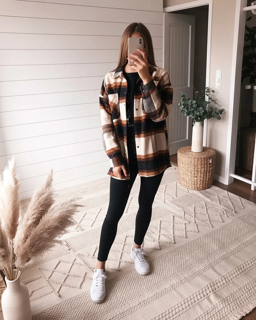 cute fall mom outfits 2026 Plaid Shackets with Casual Weekend Comfort