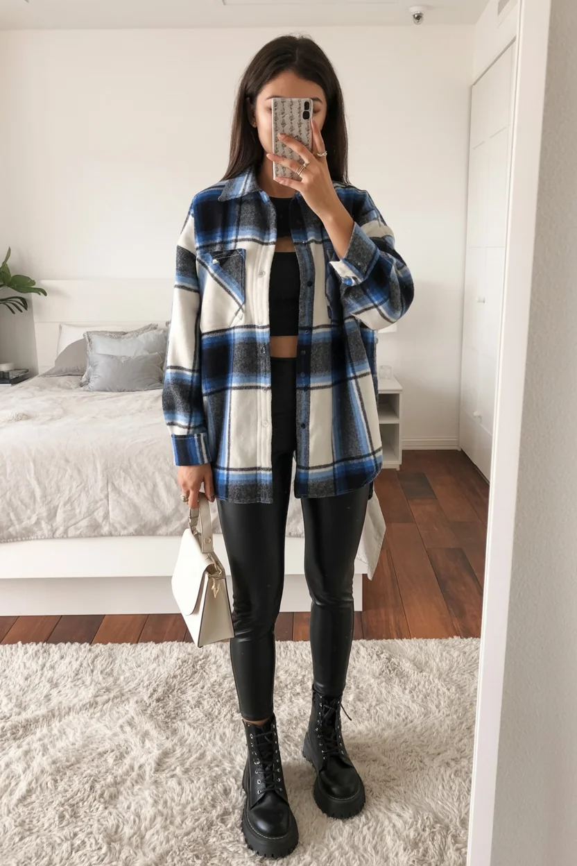 cute fall mom outfits 2026 Plaid Overshirt with Leggings for Busy Fall Days