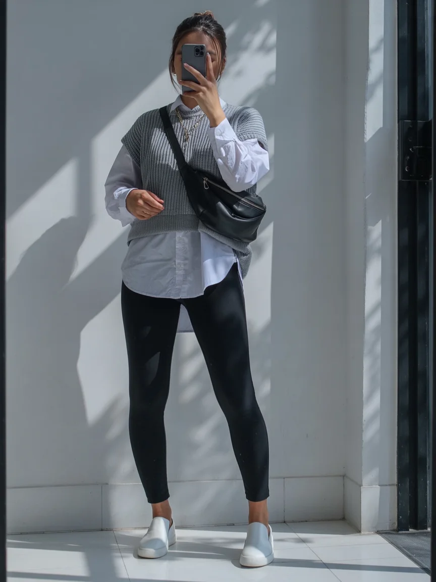 cute fall mom outfits 2026 Smart Casual Layers with Modern Leggings