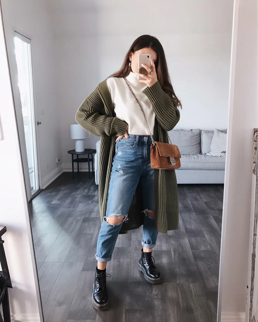 cute fall mom outfits 2026 Olive Cardigans and Distressed Denim for Everyday Confidence