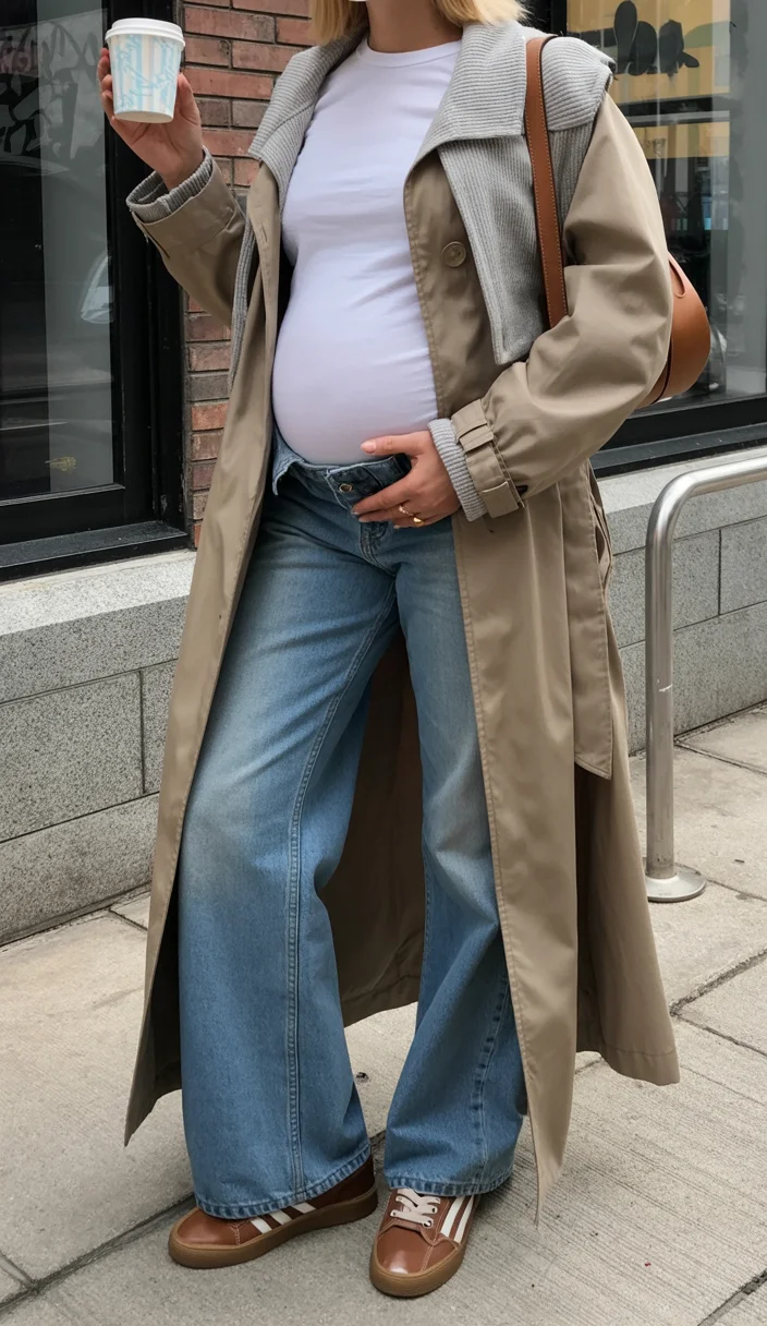 cute pregnancy outfits fall Classic Trench Coats With Relaxed Wide Leg Denim