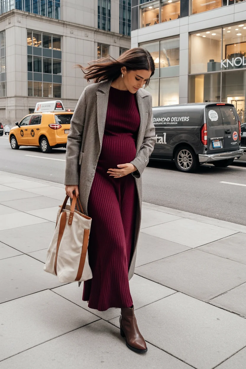 cute pregnancy outfits fall Rich Burgundy Knits For Sophisticated City Days