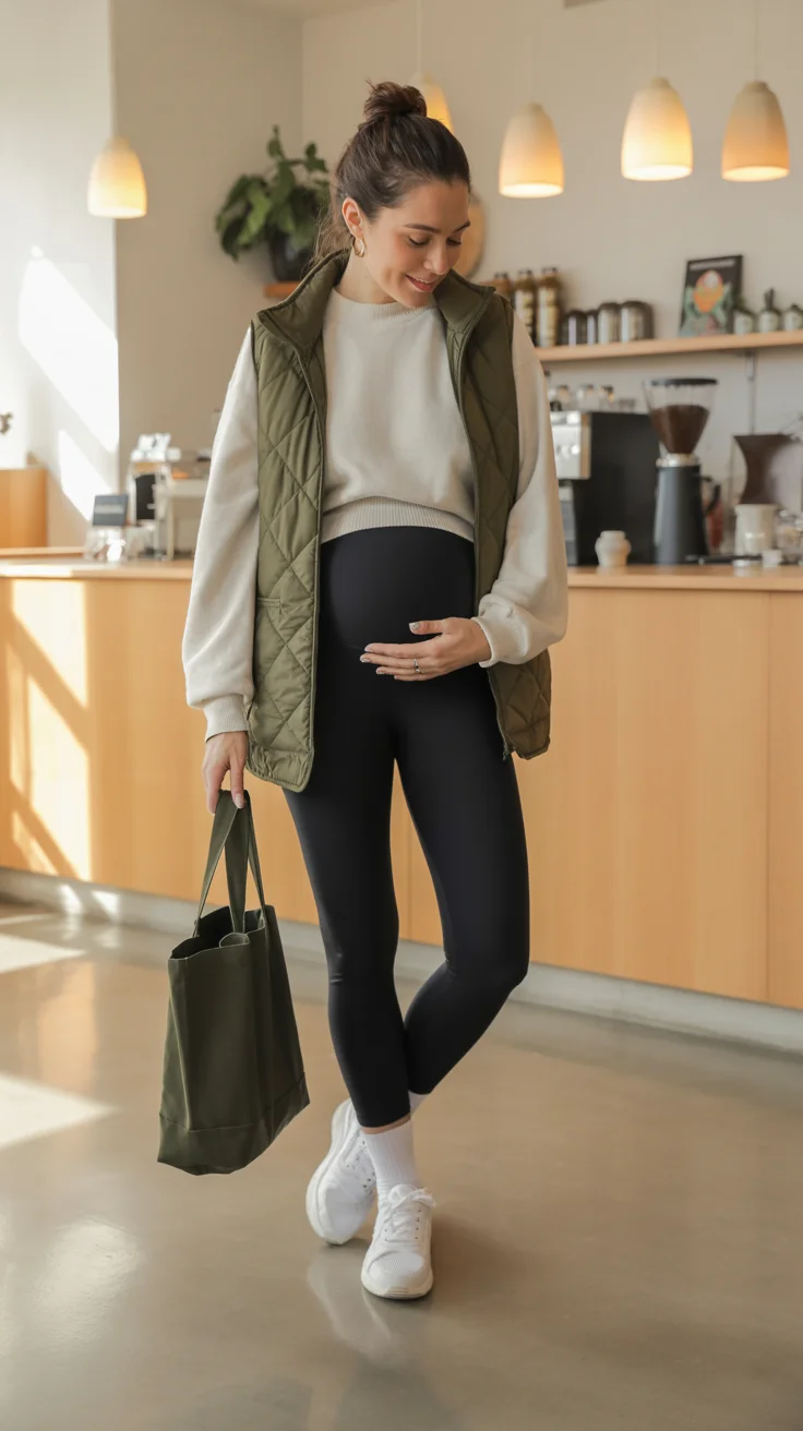 cute pregnancy outfits fall Sporty Layers With Quilted Vests For Busy Days