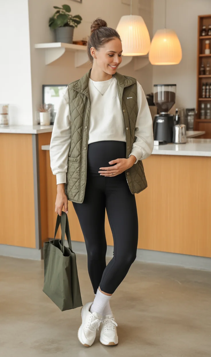 cute pregnancy outfits fall Everyday Athleisure With A Quilted Utility Vest