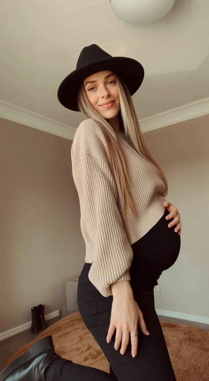cute pregnancy outfits fall Cozy Sweaters And Wide Brim Hats For Autumn Charm