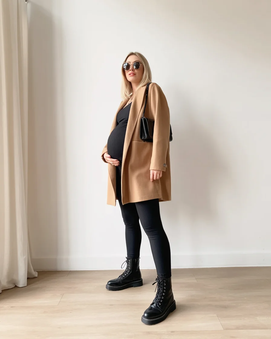 cute pregnancy outfits fall Camel Coats That Elevate Every Black Outfit