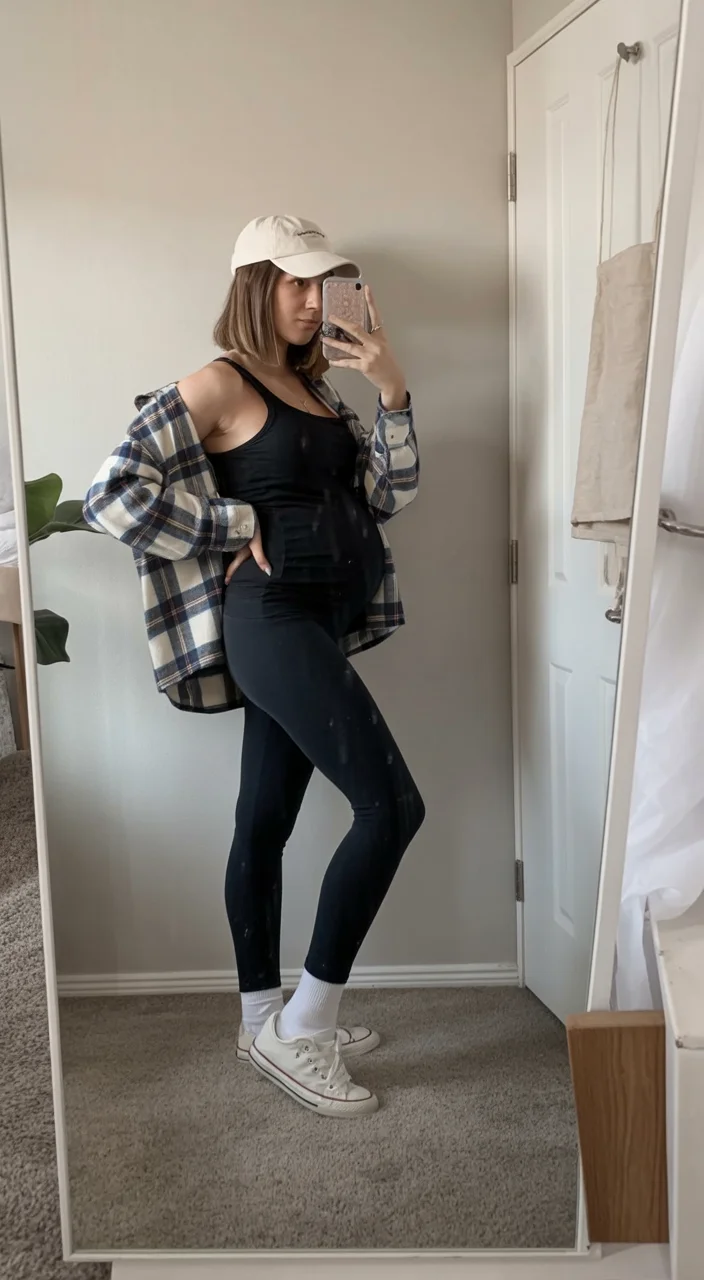 cute pregnancy outfits fall Plaid Shirts And Leggings For Relaxed Weekend Style