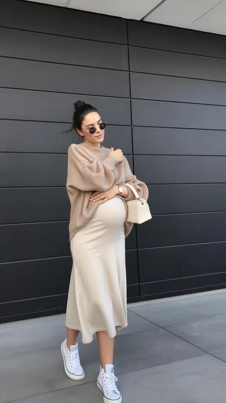 cute pregnancy outfits fall Soft Neutral Layers With A Flowing Long Skirt