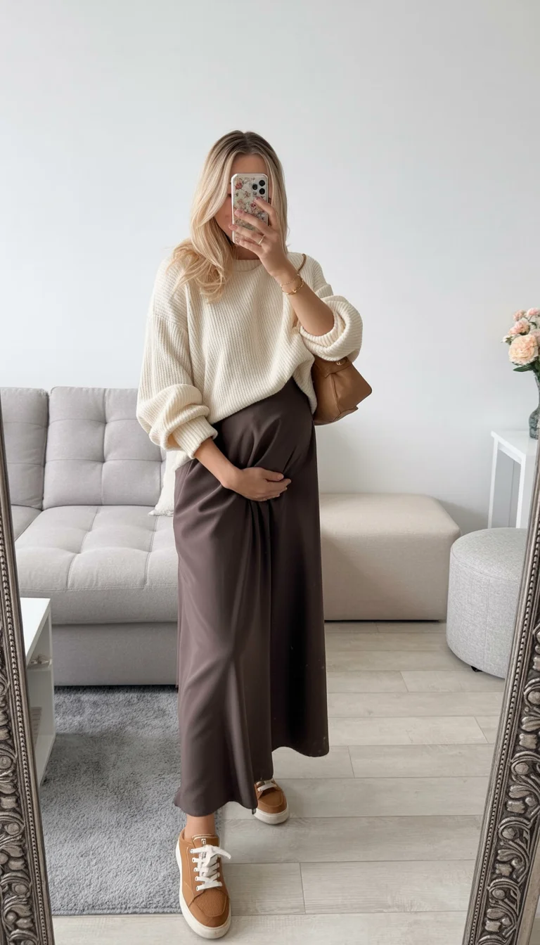 cute pregnancy outfits fall Chocolate Satin Skirts Paired With Cozy Knitwear