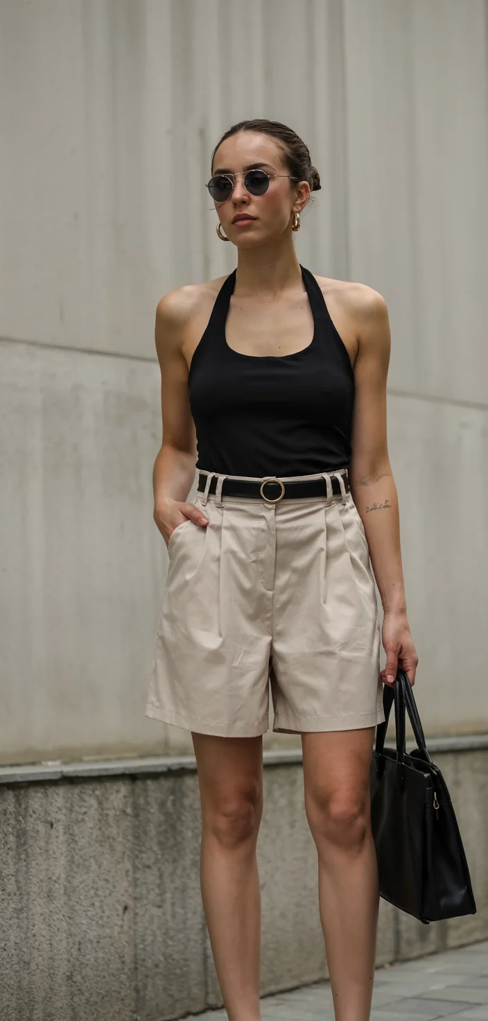 Early summer outfits 2026 Tailored Shorts With a Minimal Black Halter