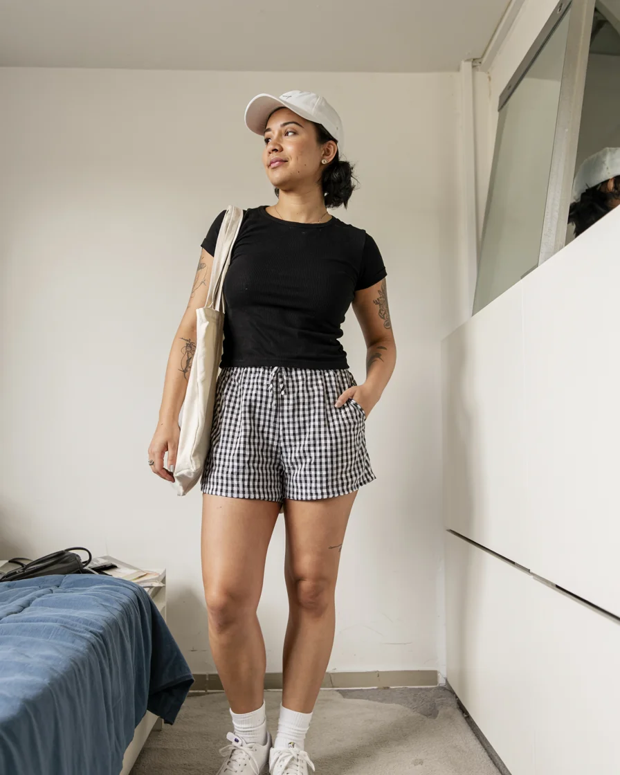 Early summer outfits 2026 Gingham Shorts and an Easy Off Duty Uniform