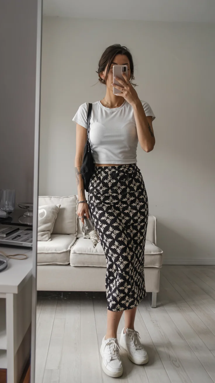 Early summer outfits 2026 Printed Midi Skirt With Everyday Elegance