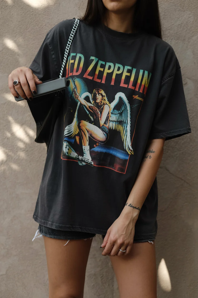 Early summer outfits 2026 Oversized Band Tee and Denim Shorts Energy