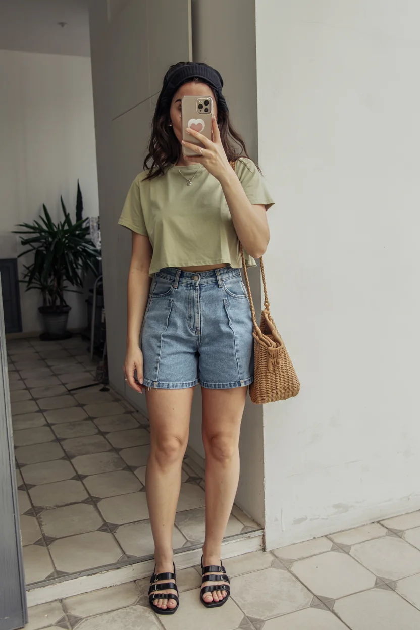 Early summer outfits 2026 Soft Green Tee and Structured Denim Shorts