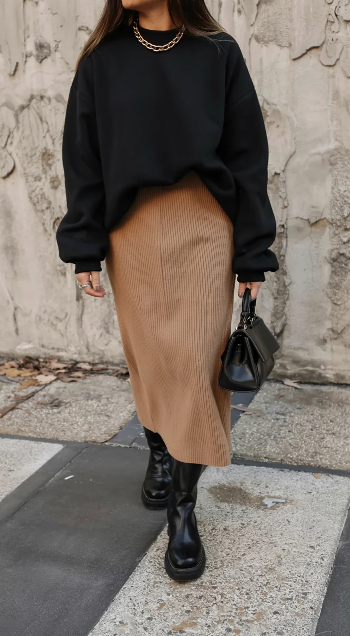 elegant fall office outfits 2026 Minimalist Knitwear and a Ribbed Midi Skirt
