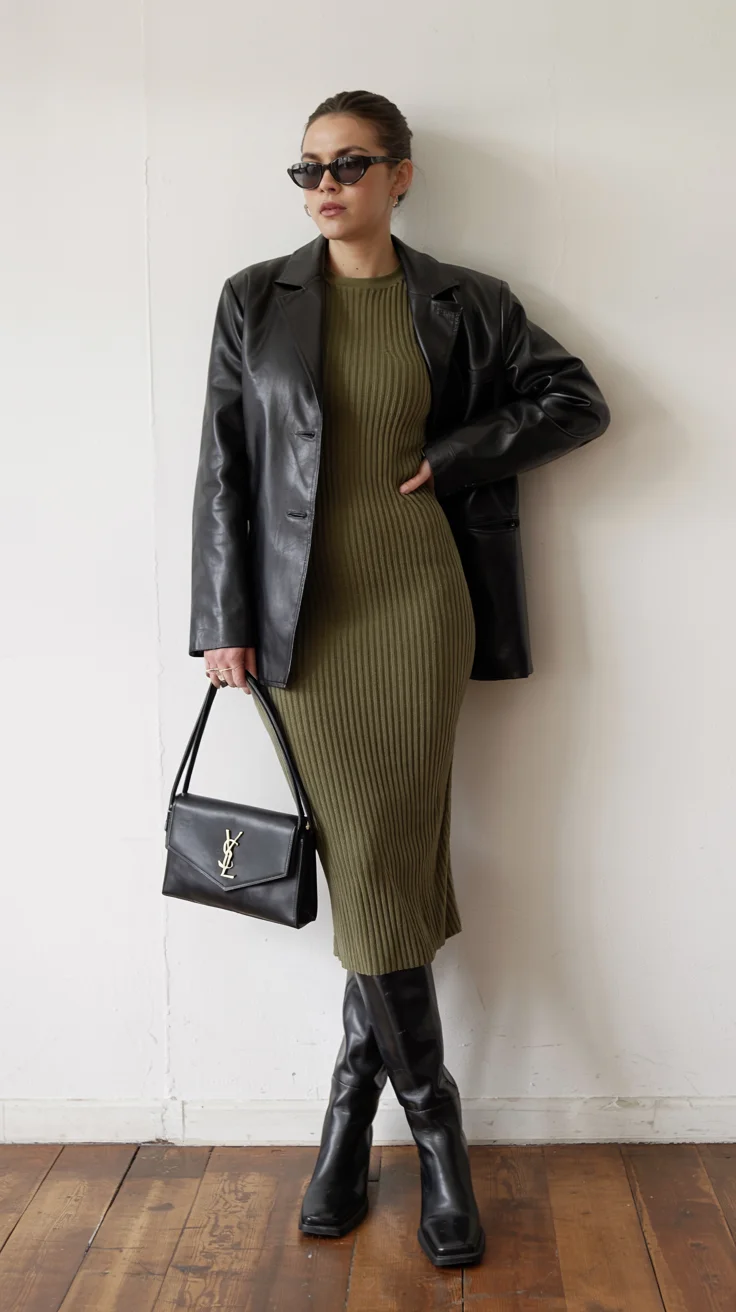elegant fall office outfits 2026 Olive Knit Elegance With Modern Edge