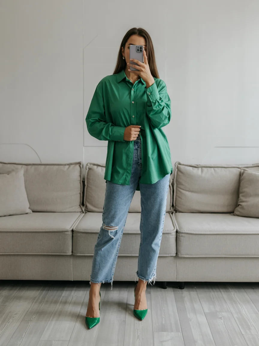 fall office outfits for women elegant H2 Bright Green and Denim With a Fresh Twist