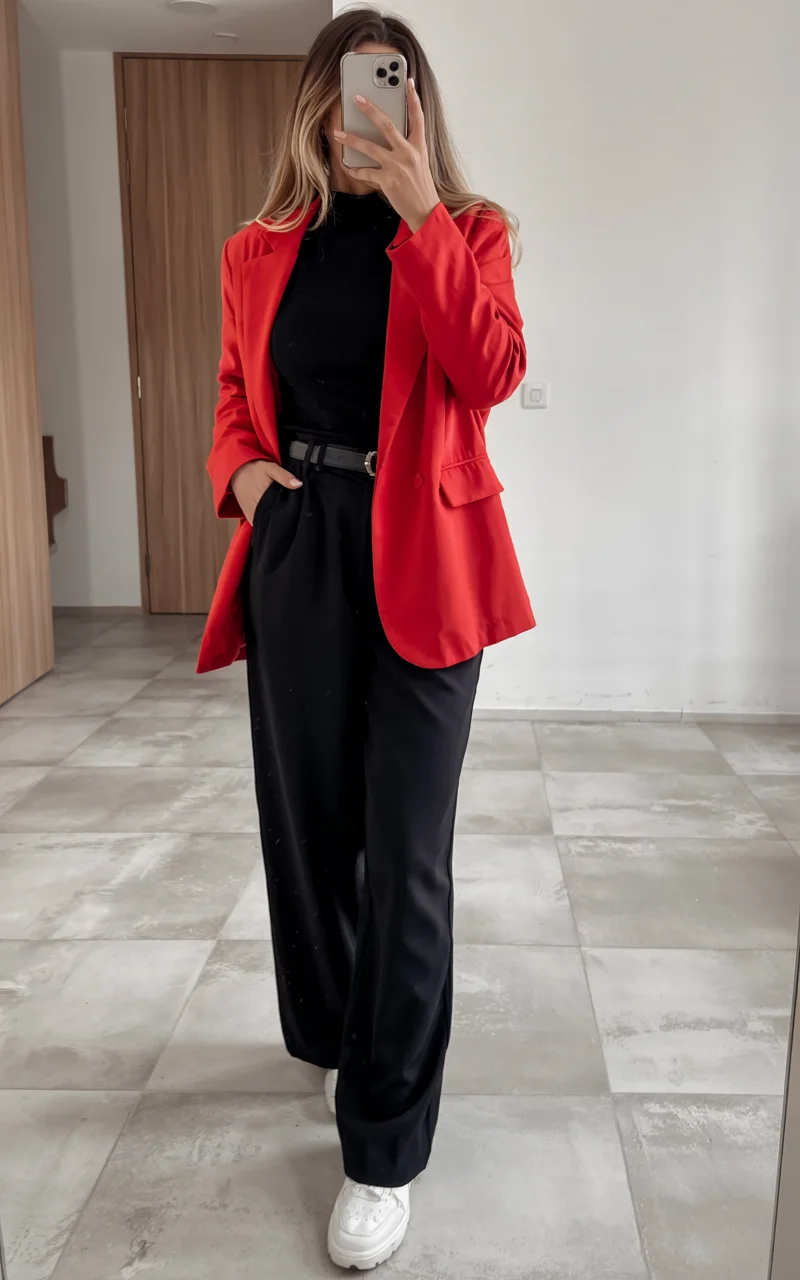 elegant fall office outfits 2026 A Bold Red Blazer That Changes Everything