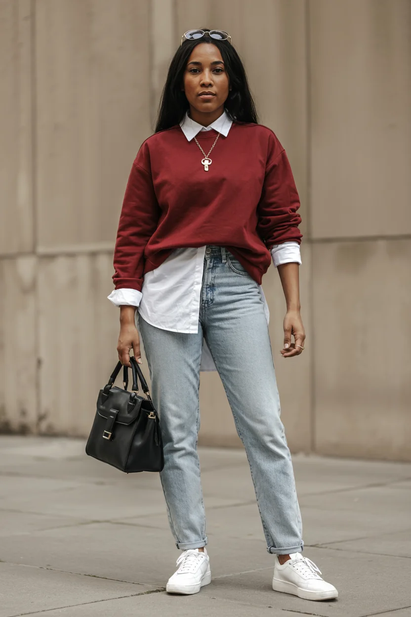 fall 2026 outfits for black women The Burgundy Sweatshirt Layering Trick That Looks Instantly Put Together