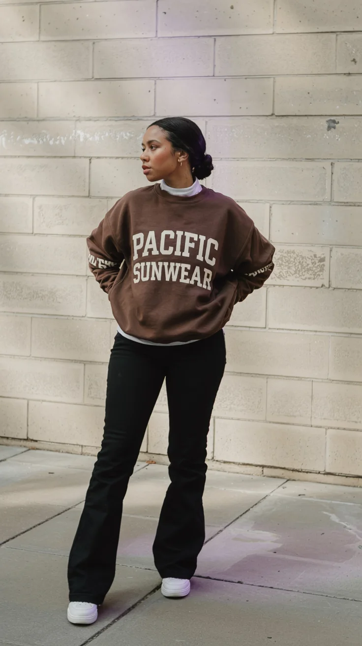 fall 2026 outfits for black women The Logo Sweatshirt and Flare Denim Combo That Keeps Things Effortless