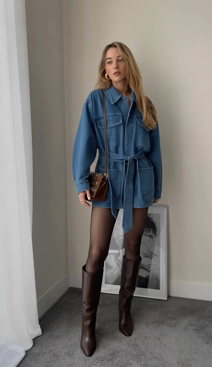 fall denim outfits for women 2026 Denim Shirt Dress and Tall Boots for Modern Fall Style