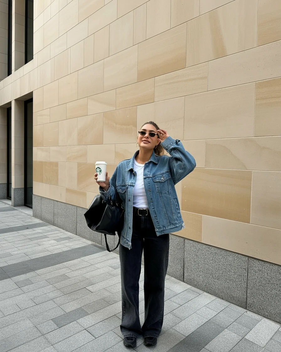 fall denim outfits for women 2026 Relaxed Denim Jacket With Dark Wash Contrast