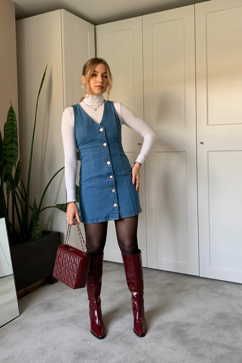 fall denim outfits for women 2026 Denim Mini Dress With Statement Burgundy Boots