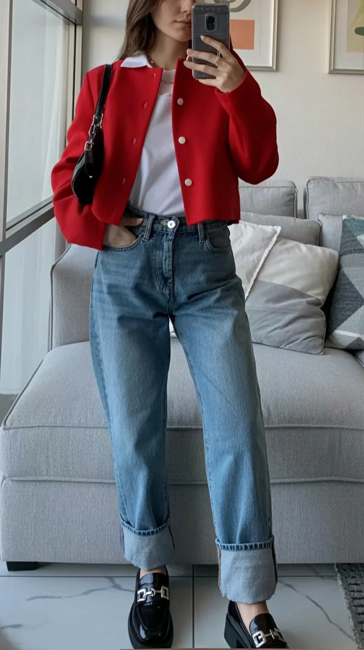 fall denim outfits for women 2026 Bright Red Jacket With Classic Rolled Denim