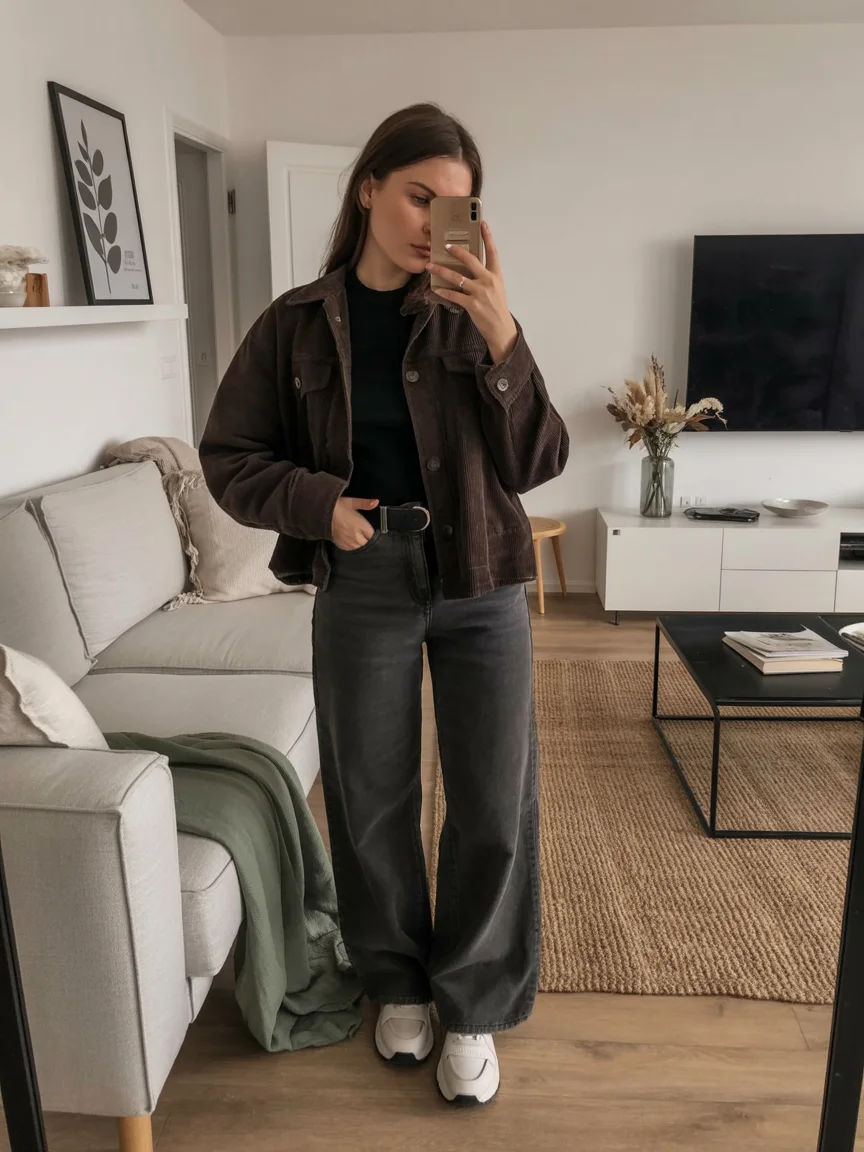 fall denim outfits for women 2026 Dark Denim and Chocolate Brown for Cozy Fall Days