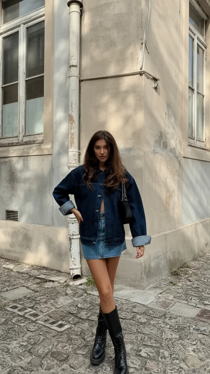 fall denim outfits for women 2026 Denim Mini Skirt and Oversized Jacket With Edgy Fall Energy