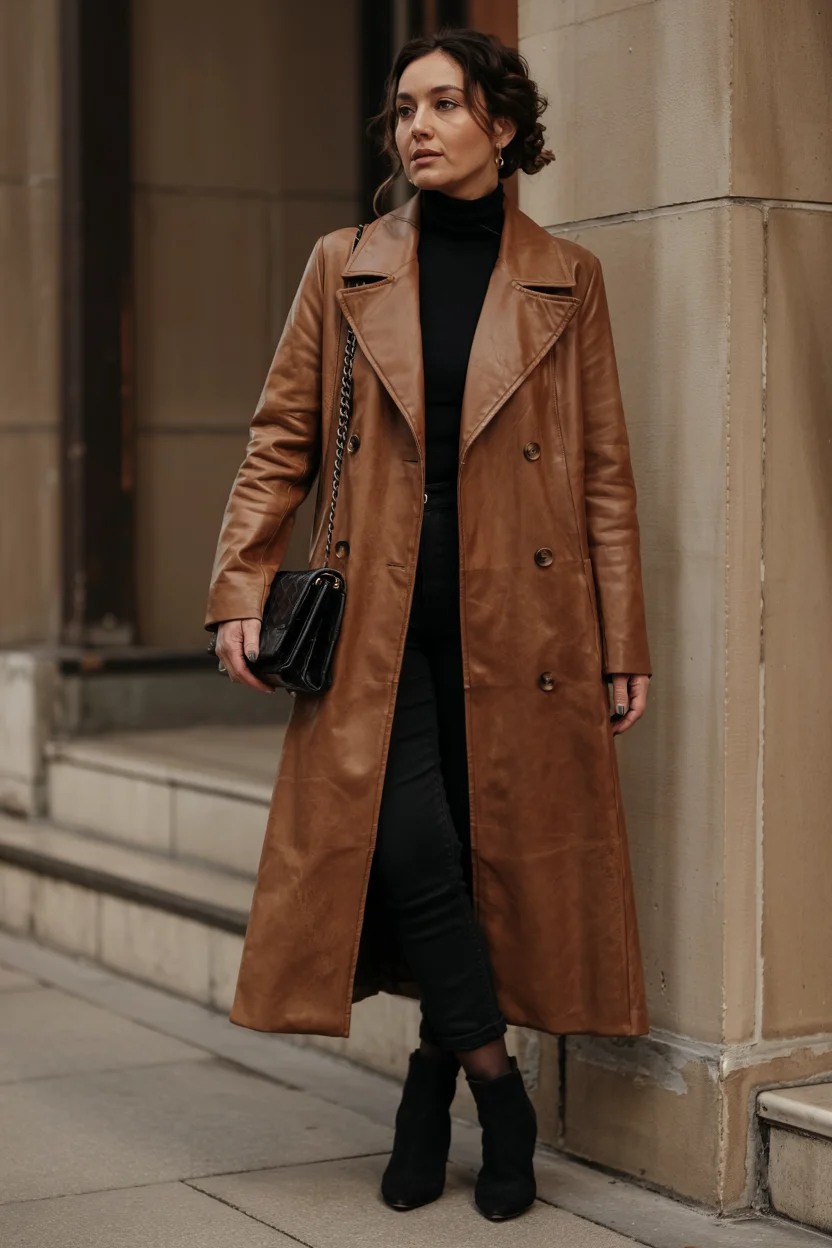 fall fashion for women over 40 A Long Leather Coat That Feels Instantly Expensive
