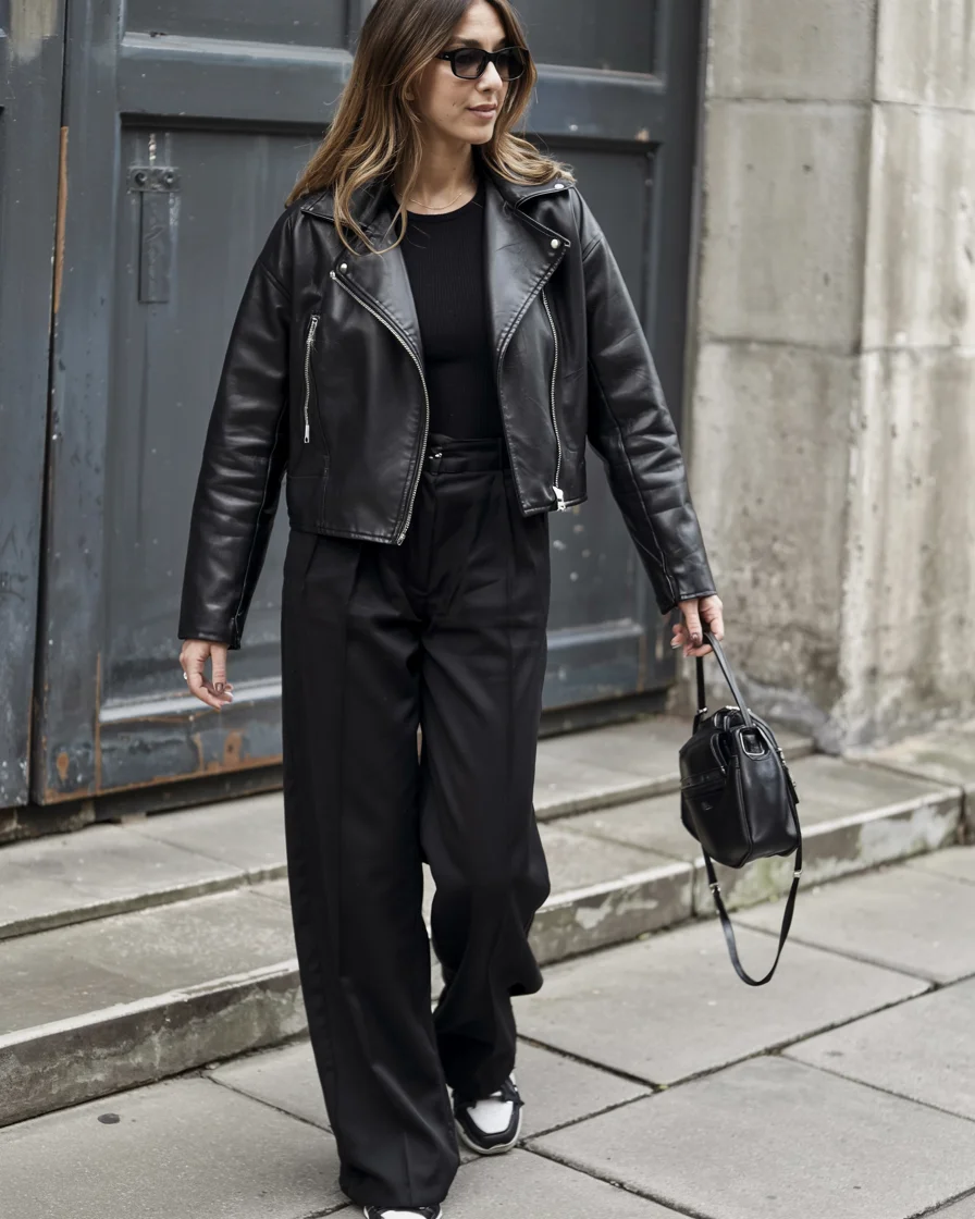 fall fashion trends for women Black Leather and Wide Leg Confidence