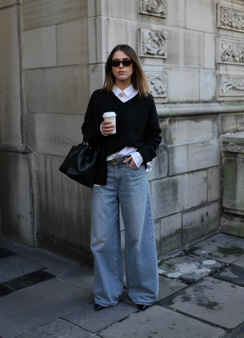 fall fashion trends for women Classic Black Sweater and White Shirt Revival