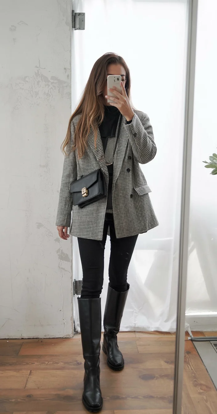 fall office outfits for women 2026 Checked Blazers and Riding Boots for Timeless Elegance