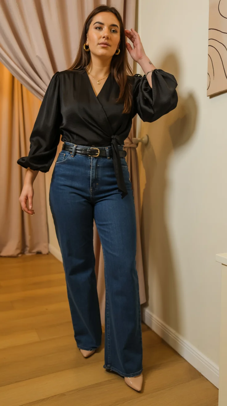 fall outfits for big busted women 2026 wrap blouse and jeans