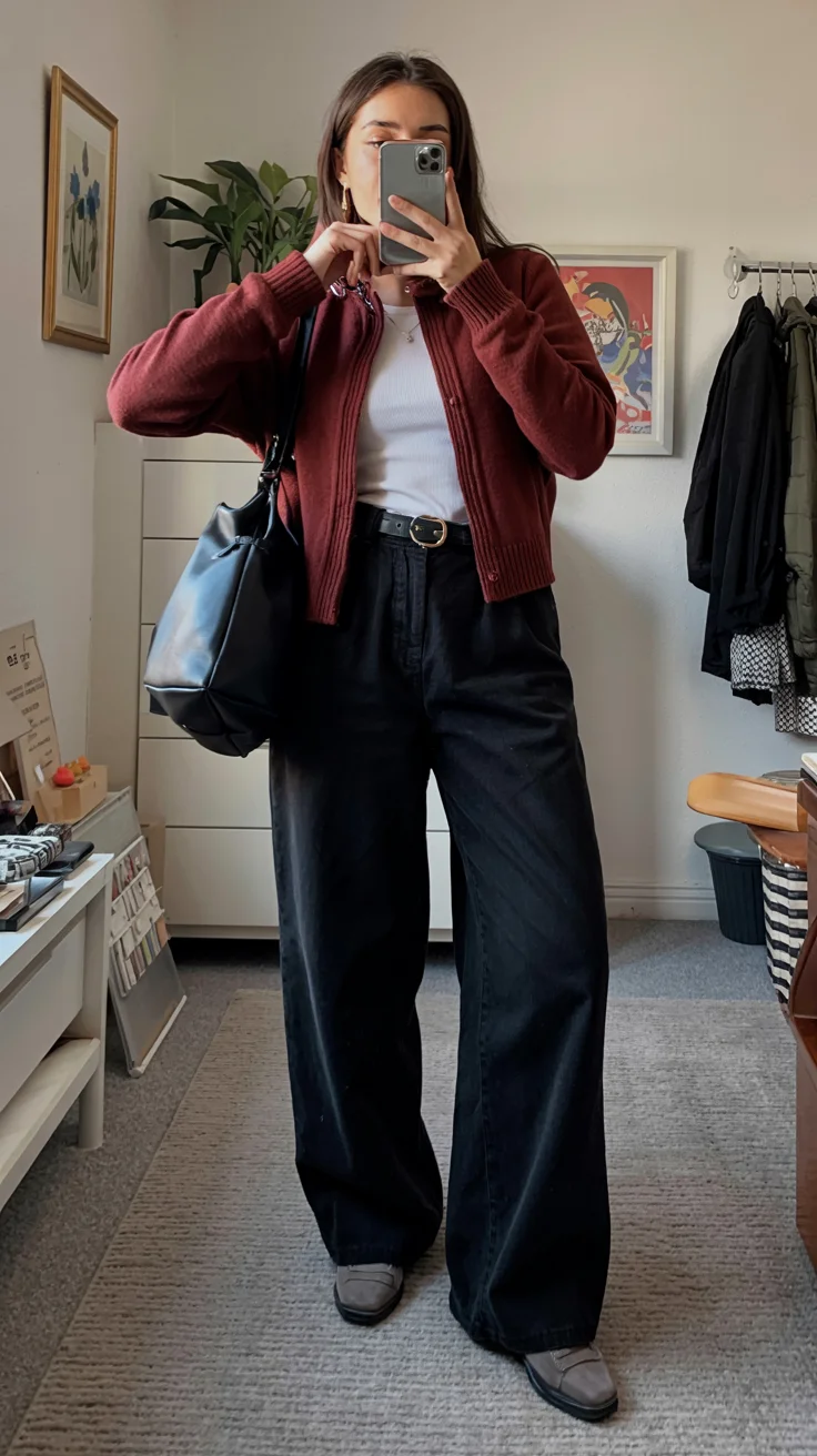 fall outfits for big busted women 2026 burgundy cardigan and wide leg pants
